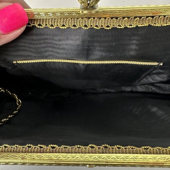 Vintage Handbag Tapestry Needlepoint Evening Framed Black Floral Gold Chain - Picture 11 of 16